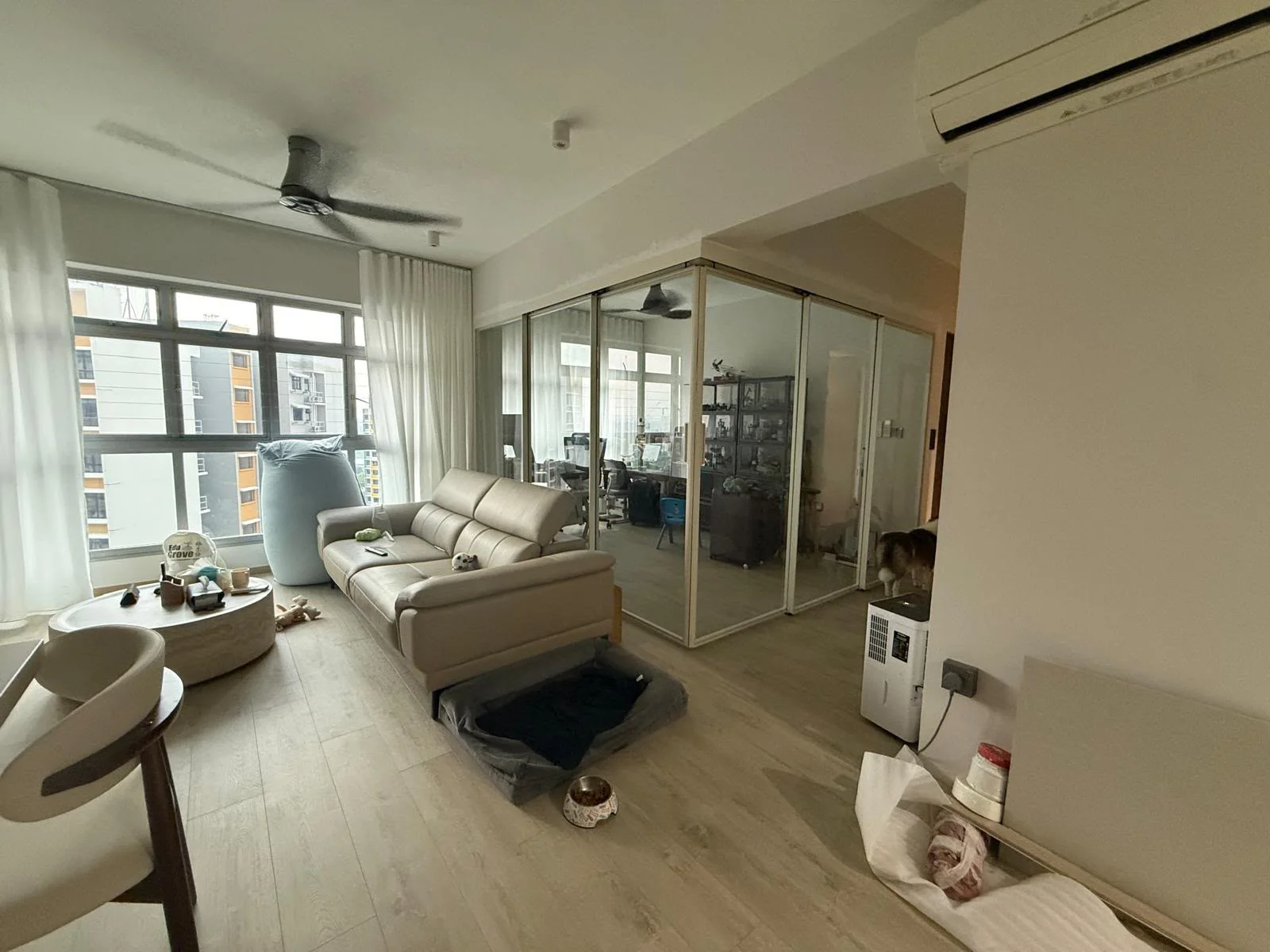 Living room and glass partition