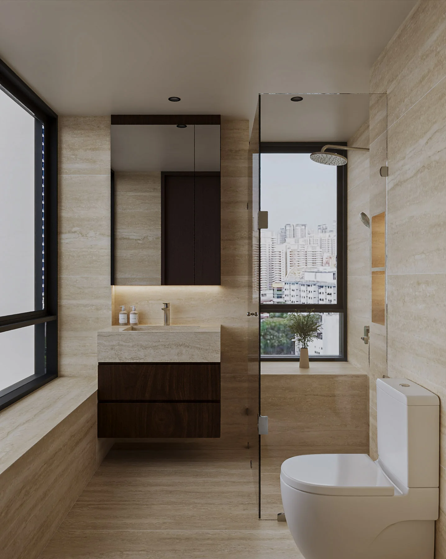 Travertine bathroom design rendering one