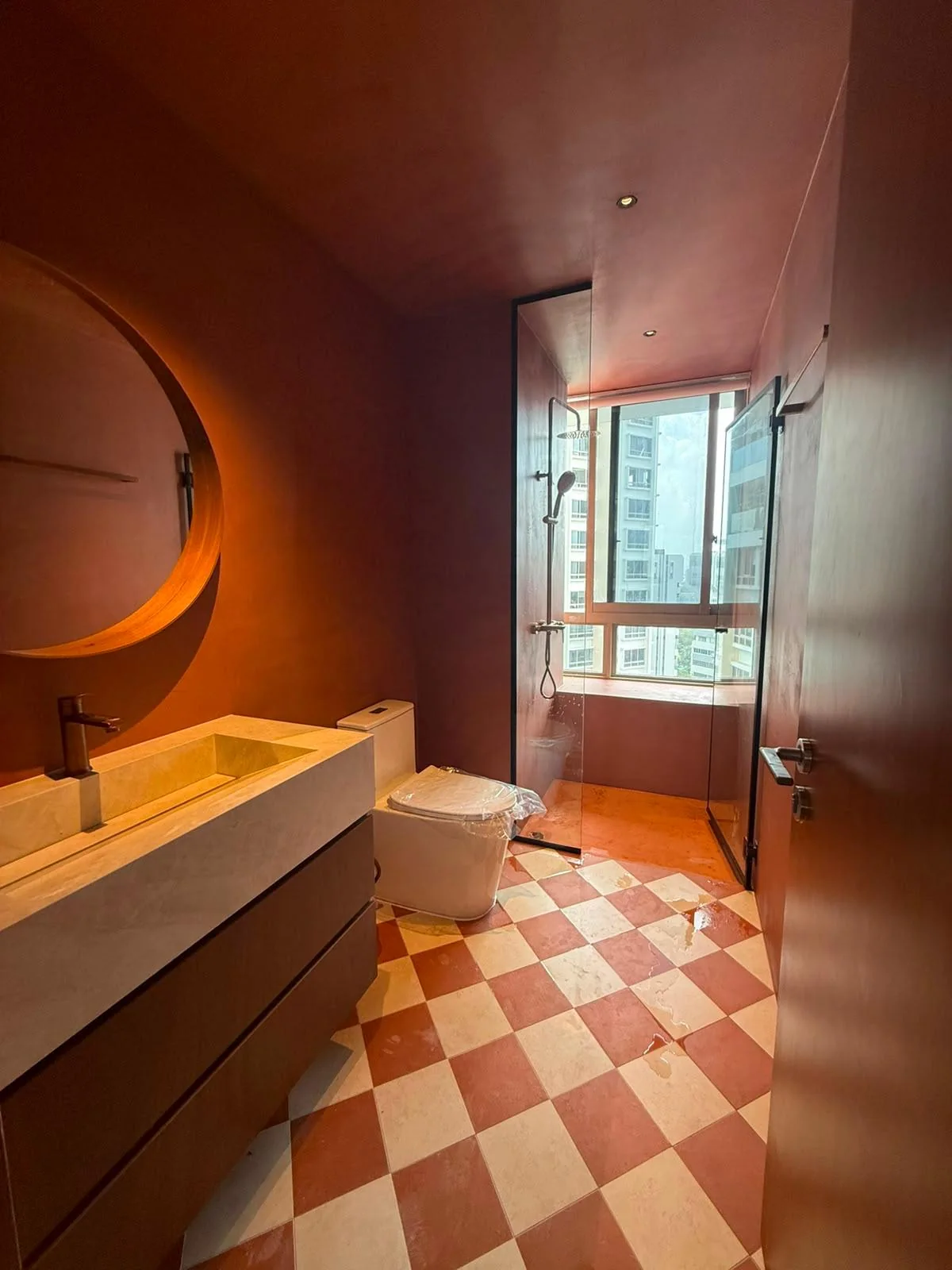 57 Meyer Road completed terracotta bathroom with checkerboard flooring