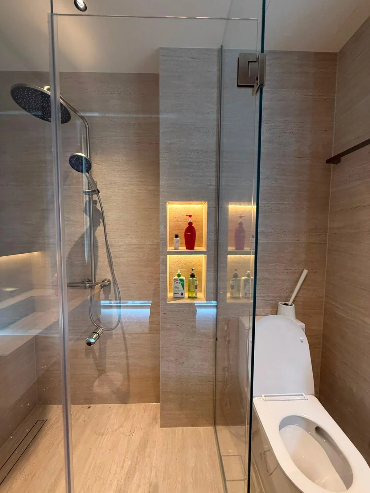 Completed travertine bathroom shower