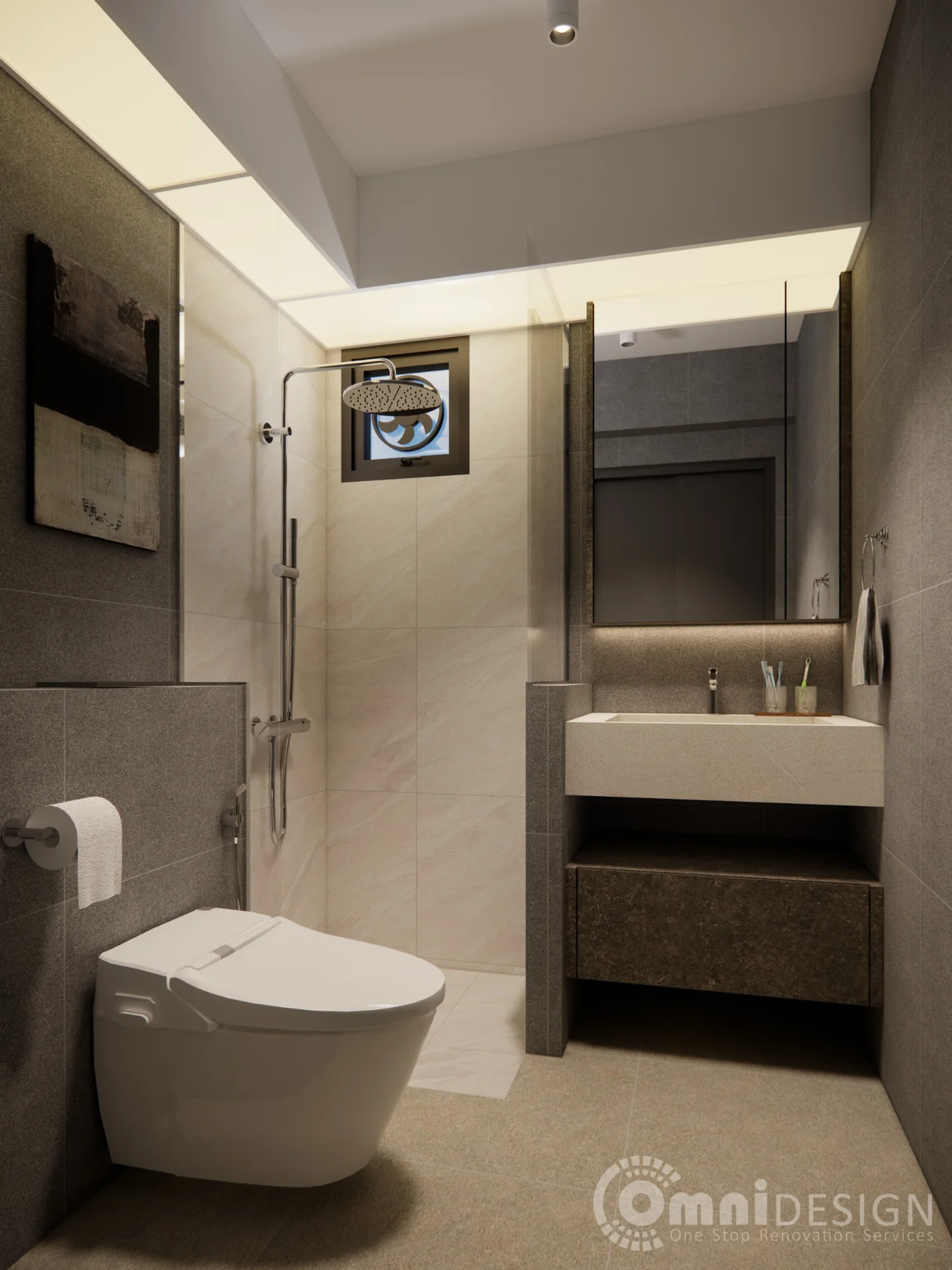 Bathroom rendering with shower and vanity