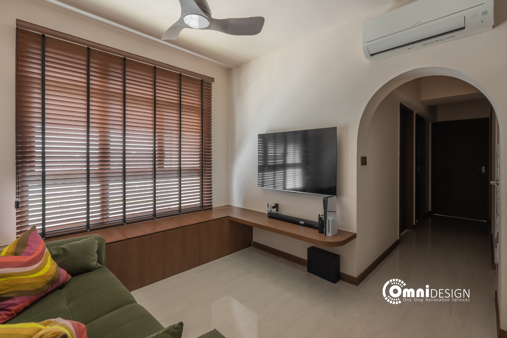 Living room window seating and timber console