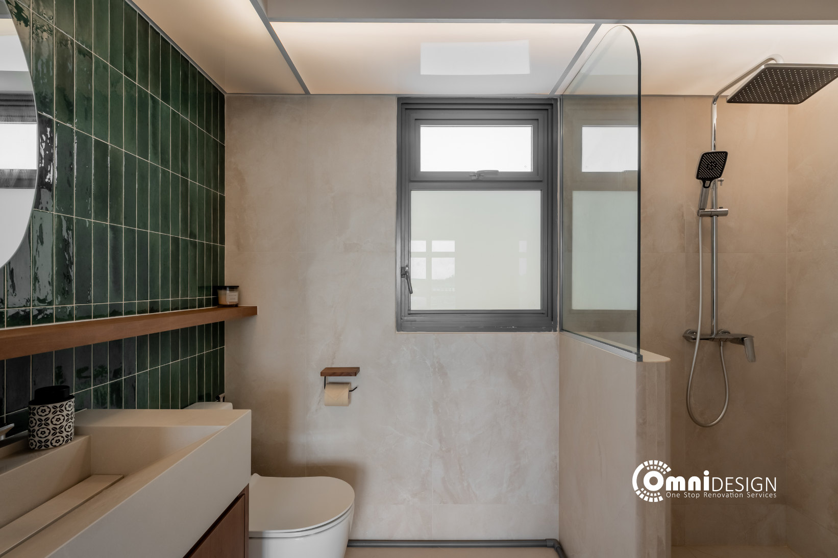 Bathroom with green feature tiles