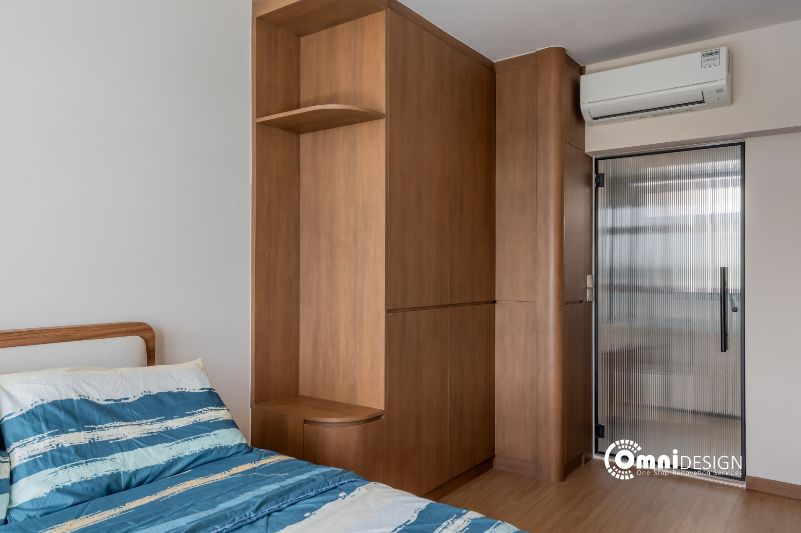 Bedroom with custom curved timber carpentry